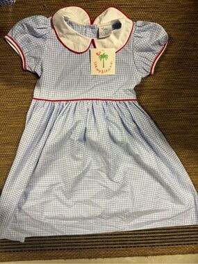 Shrimp & Grits Girls' Light Blue Gingham Peter Pan Collar Dress with Red Trim